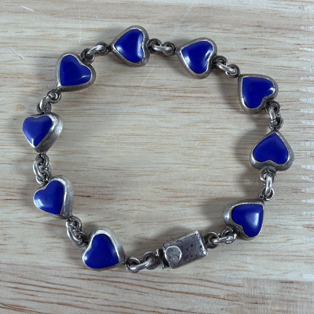 Vintage Taxco Mexico 925 Sterling Silver Lapis Lazuli Puffy Heart Bracelet